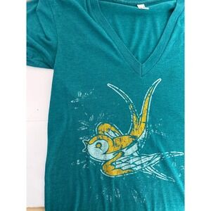 American Apparel Teal Graphic V Neck T Shirt womens Sz S scissor-tailed OK‎ bird